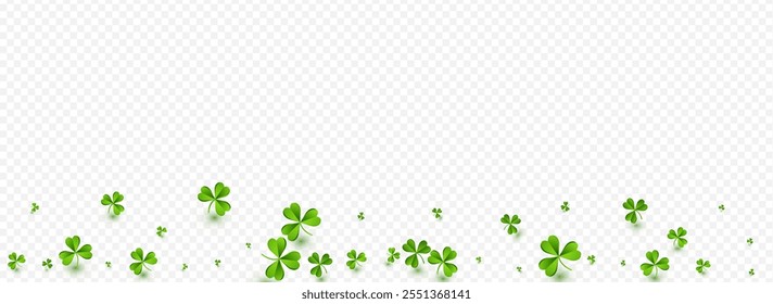 Olive color Clover Isolated Vector Transparent Panoramic Background. Green Leaf Air Design. Falling Shamrock Pattern. Spring Leaves Stream Wallpaper.