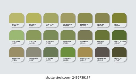 Olive Color Palette, Olive Color Guide Palette with Color Names. Catalog Samples of Olive with RGB HEX codes and Names. Dung Colors Palette Vector, Fashion Trend Dung Color shades Vector tones