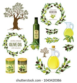 Olive colored isolated icon set with products and decorations from olives olive branch par example vector illustration