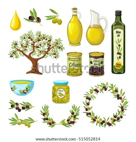 Olive colored isolated icon set with products and decorations from olives olive branch par example vector illustration