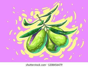 olive comic art with leafs sprig. Greece Vegan. colorful creative gogh style smears, colorful pastel fantastic palette. modern trendy illustration. Juice effects vegetable under sunshine.
