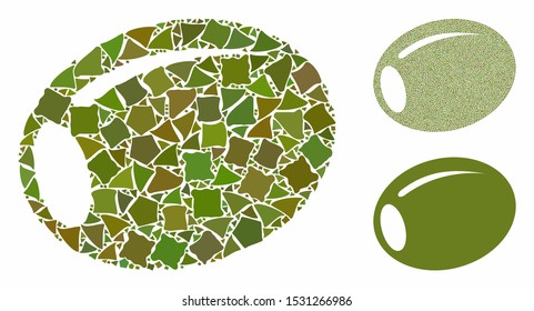 Olive composition of irregular pieces in different sizes and shades, based on olive icon. Vector joggly pieces are combined into composition. Olive icons collage with dotted pattern.