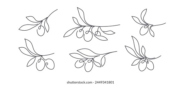 Olive in continuous line. Vector hand drawn branch isolated on white background. Minimal linear sketch for menu, oil symbol, food design. Abstract greek set. Editable stroke