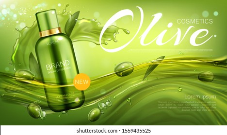 Olive cosmetics bottle, natural beauty product, eco cosmetic tube mock up floating in water on green background with berries and leaves. Shampoo or lotion promo banner Realistic 3d vector illustration