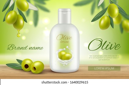 Olive cosmetics. Promotional banners beauty woman natural face skin care protection oil vitamin vector template