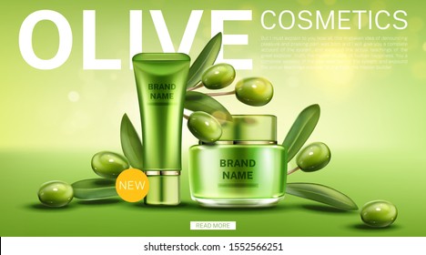 Olive cosmetics tube and cream jar landing page, natural new beauty eco product line on green background with berries and leaves, cosmetic bottles mock up. Realistic 3d vector illustration, web banner