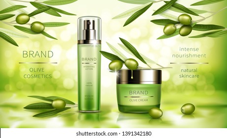 Olive cosmetics vector realistic poster. Green spray bottle with moisturizing lotion and jar of cosmetic cream, natural product, branches with green leaves and olive fruits on sunny bokeh background