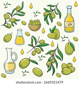 Olive cute vector. Set of olive on the branches, olive oil in the glass bottle, olive fruit. atural illustration design.