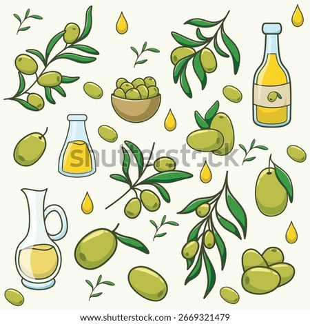 Olive cute vector. Set of olive on the branches, olive oil in the glass bottle, olive fruit. atural illustration design.