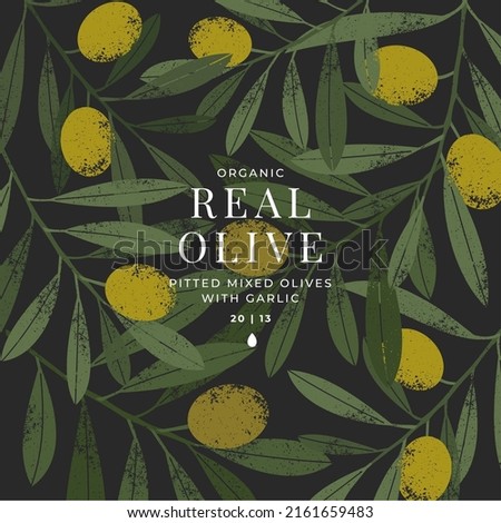 Olive dark design template. Olive leaves and berries. Vector illustration.