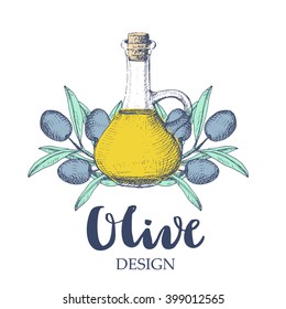 Olive design illustration. Oil bottle and branches on white background.