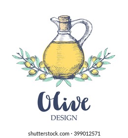 Olive design illustration. Oil bottle with branches.