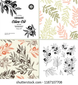 Olive design templates. Composition, seamless patterns. Vector illustration