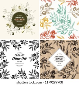 Olive design templates. Compositions, seamless pattern. Vector illustration