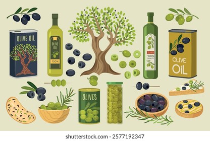 Olive. Different products from olive oil vegetarian foods sandwitches olive leaves recent vector flat illustrations set