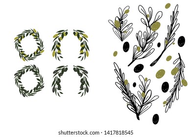Olive digital illustration for your design. Olive branch set