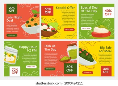 Olive dishes offers concept, vector illustration. Social media post collection with restaurant promo. Discount sale, special late night deal and happy hour offer. Cafe advertising set
