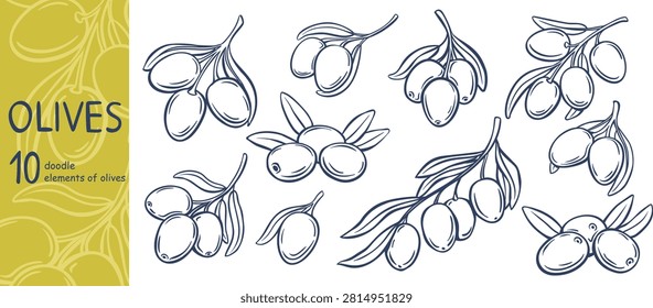 Olive doodle set with fruit clusters, leafy branches and hand drawn botanical outlines. Menu, packaging and Mediterranean branding use an olive doodle set, vector illustration.
