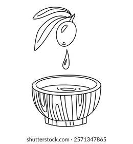 An olive, a drop of olive oil falls into a wooden bowl. Contour isolated group illustration. Squeeze olive oil from a whole olive with leaves. Eco-friendly food preparation product. Shows the spin