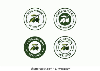 Olive essential oil stamp labels. Olive stamp badge label design set. Element for design, advertising, packaging of olive products