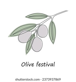 Olive festival card drawn in one continuous line. One line drawing, minimalism. Vector illustration.