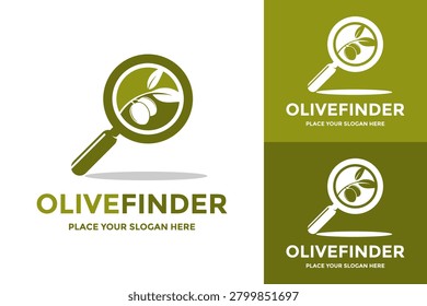 Olive finder logo design template. Magnifying glass and olive branch vector icon.