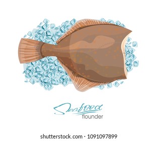 Olive Flounder. Vector illustration sea fish on ice cubes isolated on white background. Icon badge flounder fish for design seafood packaging and market.