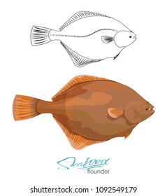Olive Flounder. Vector illustration sea fish isolated on white background. Linear silhouette sea fish. Icon badge flounder fish for design seafood packaging and market.