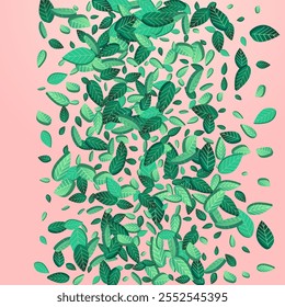 Olive Foliage Flying Vector Pink Background Border. Abstract Greens Concept. Swamp Leaves Forest Illustration. Leaf Fresh Wallpaper.