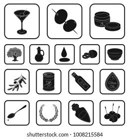 Olive, food black icons in set collection for design. Olive oil, seasoning vector symbol stock web illustration.