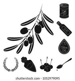 Olive, food black icons in set collection for design. Olive oil, seasoning vector symbol stock web illustration.