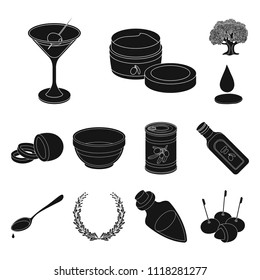 Olive, food black icons in set collection for design. Olive oil, seasoning vector symbol stock web illustration.