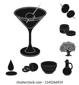 Olive, food black icons in set collection for design. Olive oil, seasoning vector symbol stock web illustration.