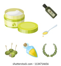 Olive, food cartoon icons in set collection for design. Olive oil, seasoning vector symbol stock web illustration.