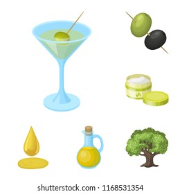 Olive, food cartoon icons in set collection for design. Olive oil, seasoning vector symbol stock web illustration.