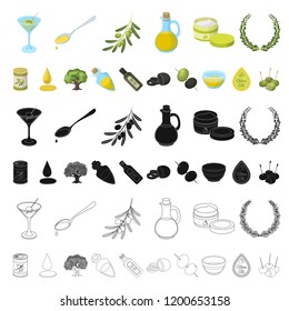 Olive, food cartoon icons in set collection for design. Olive oil, seasoning vector symbol stock web illustration.