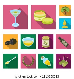 Olive, food flat icons in set collection for design. Olive oil, seasoning vector symbol stock web illustration.