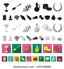 Olive, food flat icons in set collection for design. Olive oil, seasoning vector symbol stock web illustration.