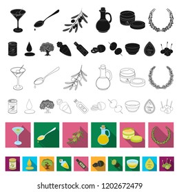 Olive, food flat icons in set collection for design. Olive oil, seasoning vector symbol stock web illustration.