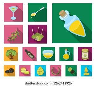 Olive, food flat icons in set collection for design. Olive oil, seasoning vector symbol stock web illustration.