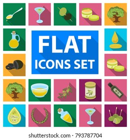 Olive, food flat icons in set collection for design. Olive oil, seasoning vector symbol stock web illustration.