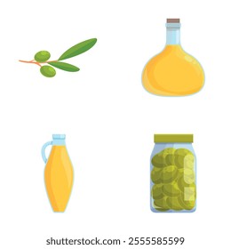 Olive food icons set cartoon vector. Olive oil and tree branch with fruit. Organic product