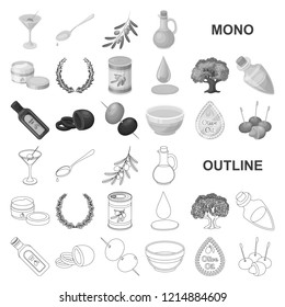 Olive, food monochrom icons in set collection for design. Olive oil, seasoning vector symbol stock web illustration.