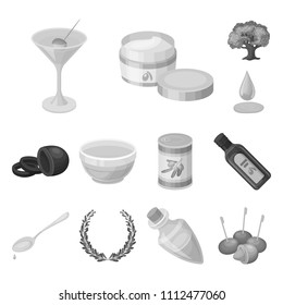 Olive, food monochrome icons in set collection for design. Olive oil, seasoning vector symbol stock web illustration.