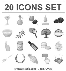 Olive, food monochrome icons in set collection for design. Olive oil, seasoning vector symbol stock web illustration.