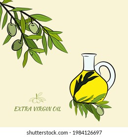 Olive fruit, branches tree and olive oil bottle sketches set. Set of illustrations of olive branch.Olive tree branch hand drawn illustration in sketch style. Design elements for label, emblem, banner.