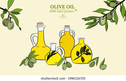 Olive fruit, branches tree and olive oil bottle sketches set. Set of illustrations of olive branch.Olive tree branch hand drawn illustration in sketch style. Design elements for label, emblem, banner.