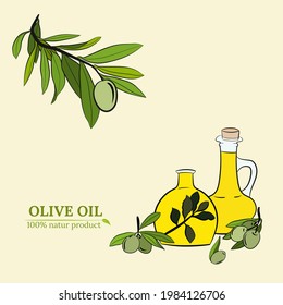 Olive fruit, branches tree and olive oil bottle sketches set. Set of illustrations of olive branch.Olive tree branch hand drawn illustration in sketch style. Design elements for label, emblem, banner.