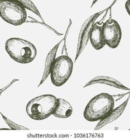 Olive fruit seamless pattern background. Sketched branches of olive tree with fruit and leaves seamless pattern for healthy food and agriculture harvest design