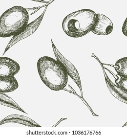 Olive fruit seamless pattern background. Sketched branches of olive tree with fruit and leaves seamless pattern for healthy food and agriculture harvest design